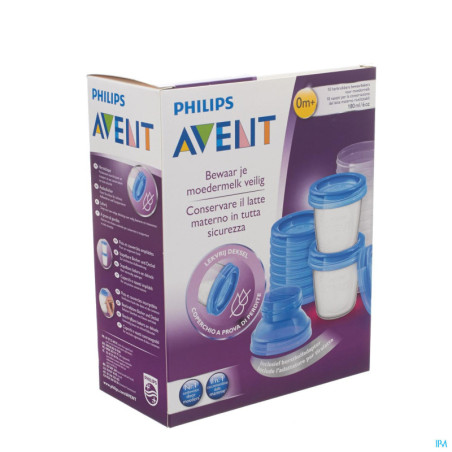 AVENT SYSTEME DE CONSERVATION DU LAIT MATERNEL VIA 10 POTS 180ML, 10 COUVERCLES ET 2 ADAPTEURS