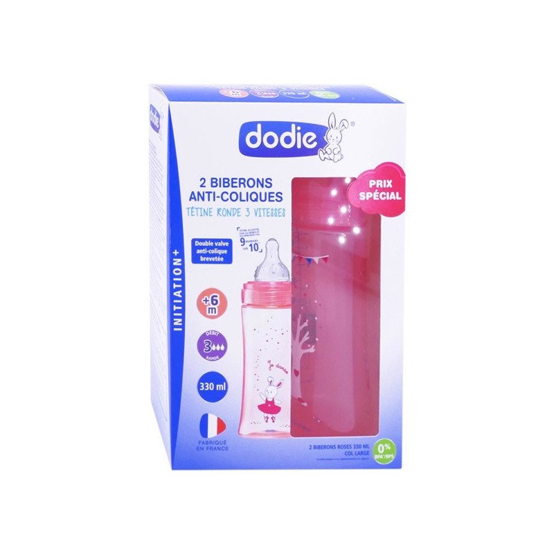 DODIE COFFRET X2 BIBERON INITIATION+ 330 ML ROSE DANSE +6M TETINE RONDE 3 VITESSES DEBIT 3