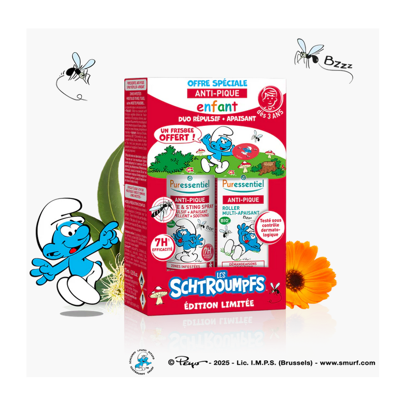 PURESSENTIEL COFFRET ANTI-PIQUE Schtroumph Répulsif + Apaisant + Frisbee Enfant 7 H