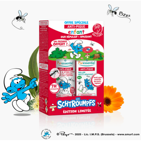 PURESSENTIEL COFFRET ANTI-PIQUE Schtroumph Répulsif + Apaisant + Frisbee Enfant 7 H